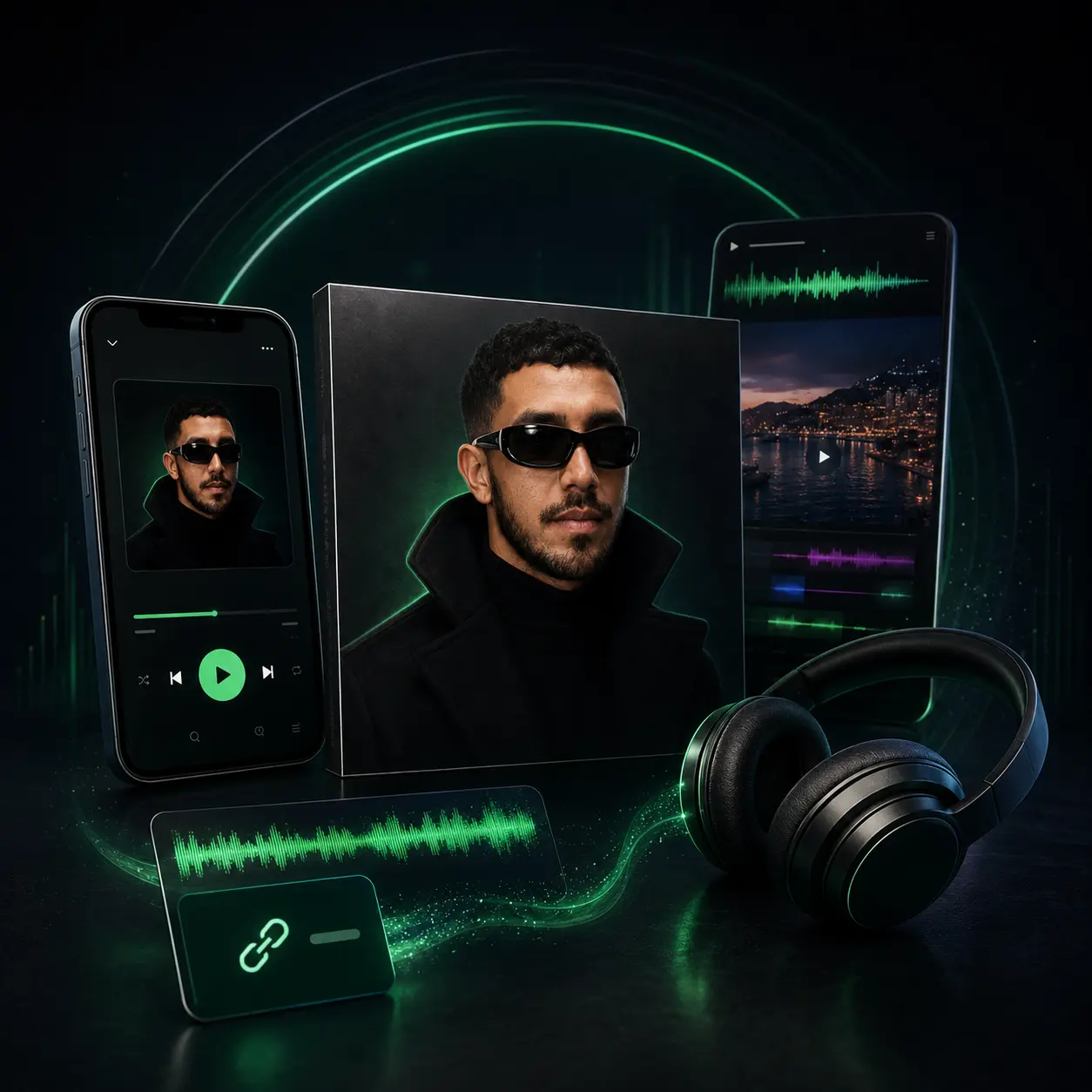 Kit visual de um lançamento musical com capa, player, Canvas, link e fones